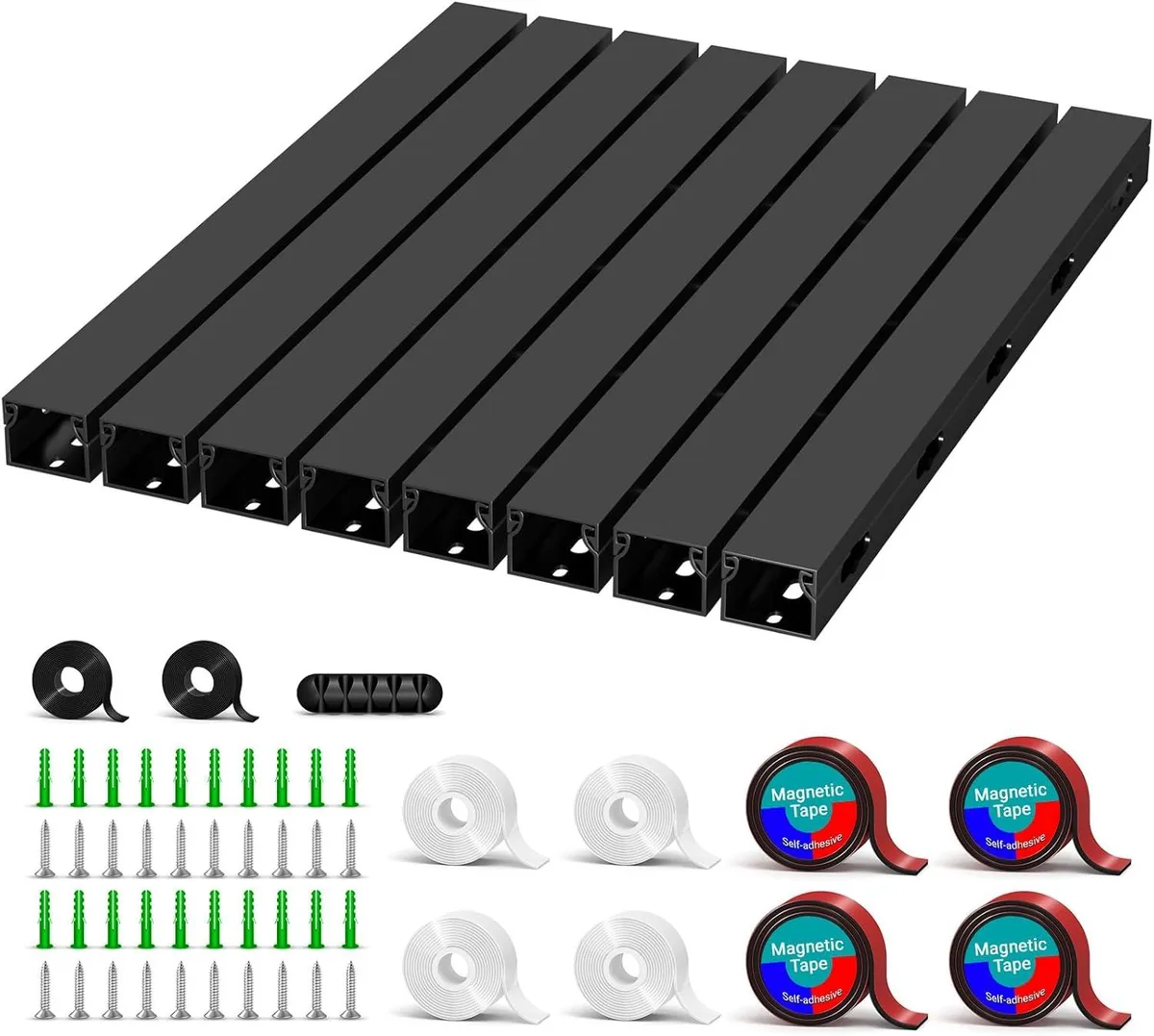 Black magnetic cable raceway kit, eight 15.7-inch channels with large holes, adhesive and screw options