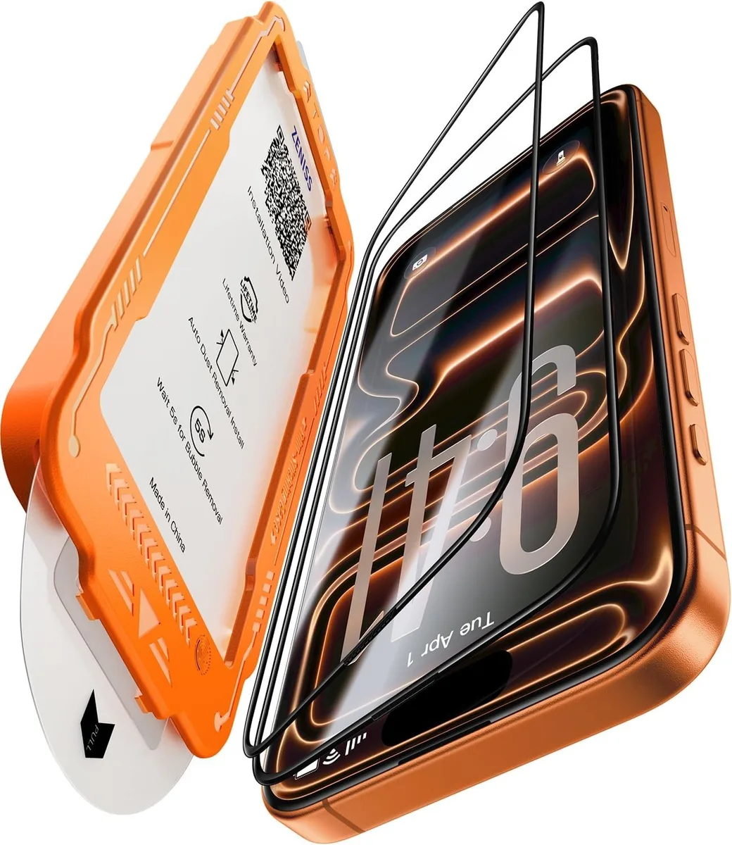 Two flat rectangular tempered-glass screen protectors with curved black edges and a de-bubble card