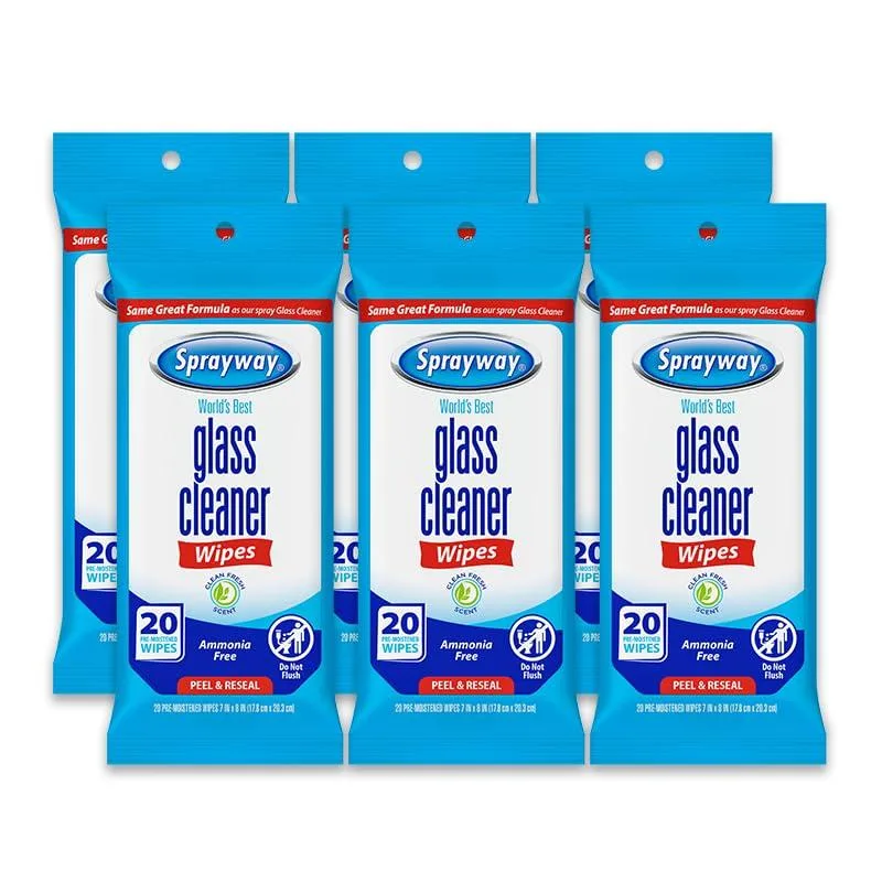 Six resealable packs of 20 pre-moistened glass cleaner wipes