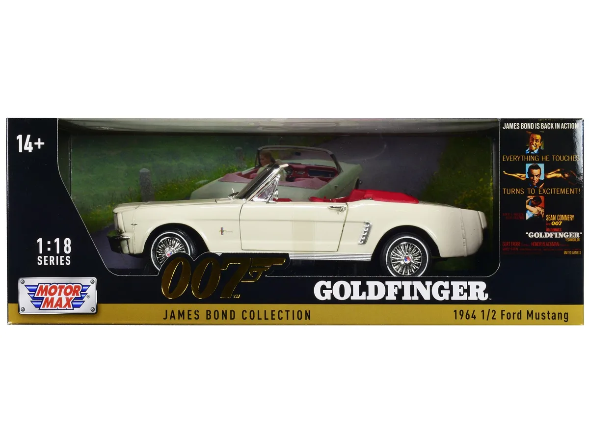 MOTORMAX MOTORMAX 1964 1/2 Ford Mustang Convertible White Red Interior James Bond 007 Goldfinger 1/18 Diecast — product photo