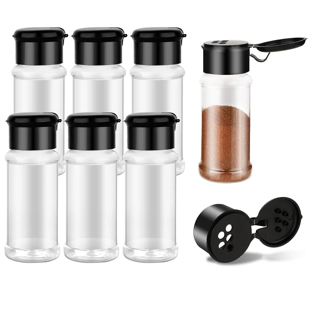 Six clear round plastic spice jars with black shaker lids, 3 oz each