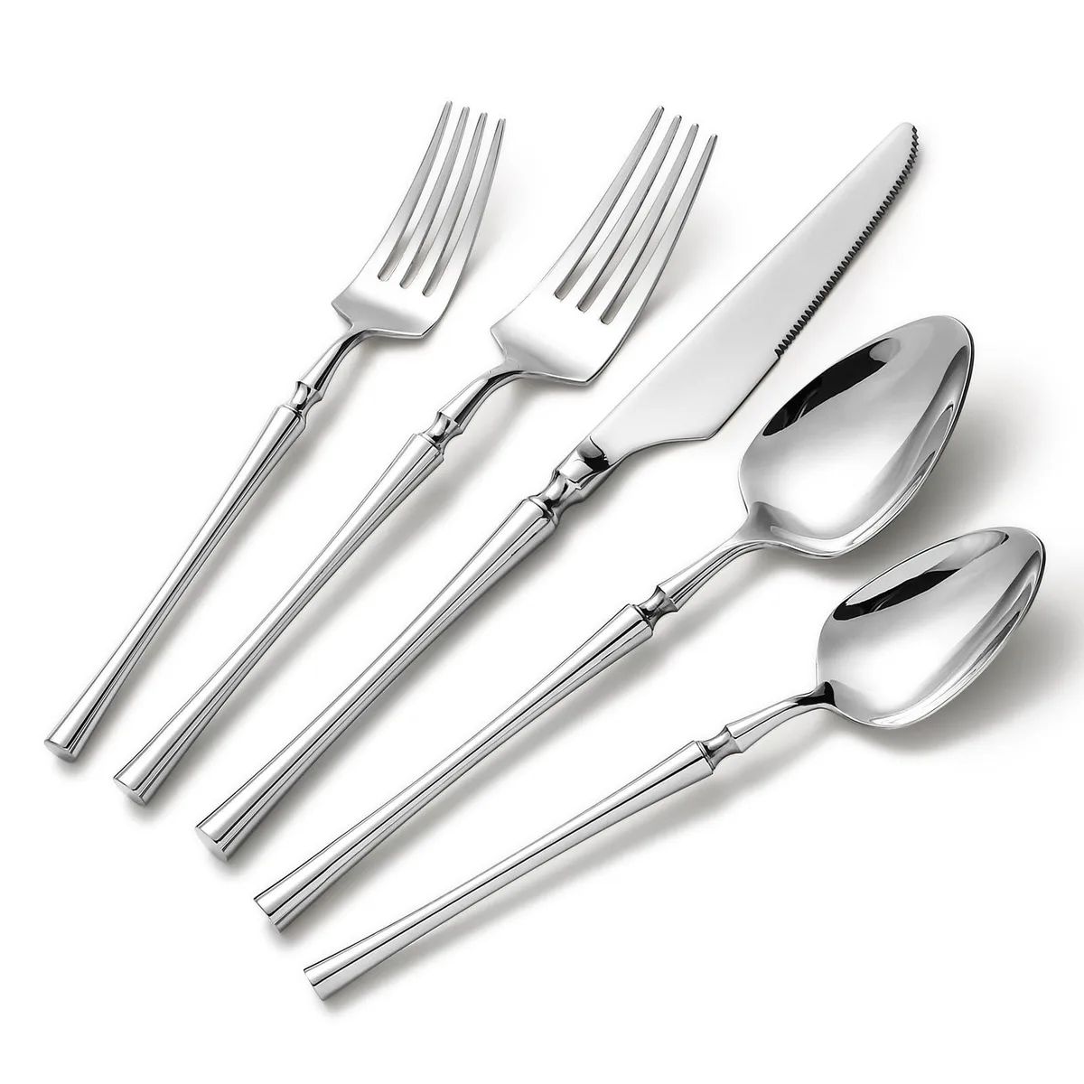 30-piece black stainless steel cutlery set with mirror finish, ergonomic handles, in a rectangular box