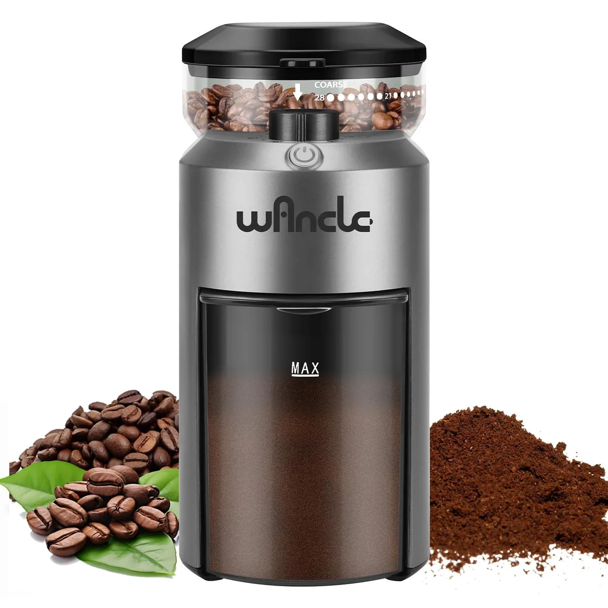 Silver electric coffee grinder with bean hopper and grounds container, compact countertop design