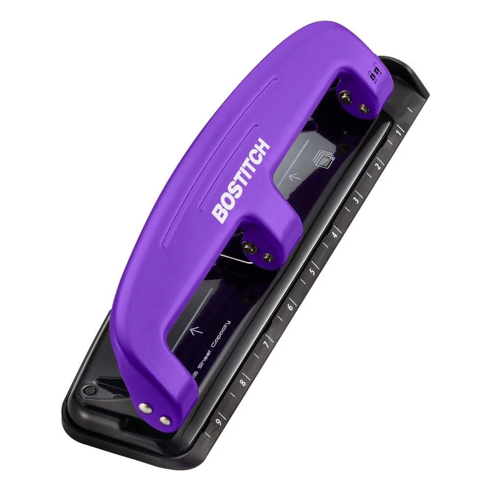 Purple three-hole punch with metal body, paper guide, ruler, flip-open chip tray and locking handle