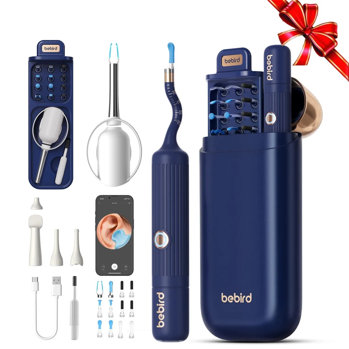 Blue ear-care otoscope with camera, LED light, silicone tips and flexible tube