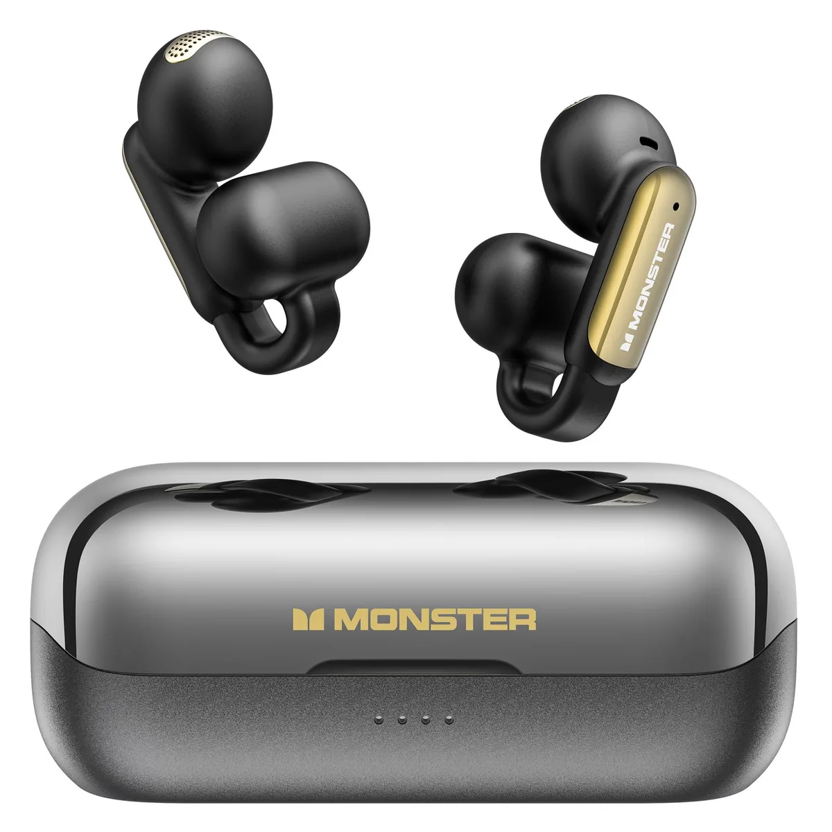 Black open-ear clip-on earbuds with charging case