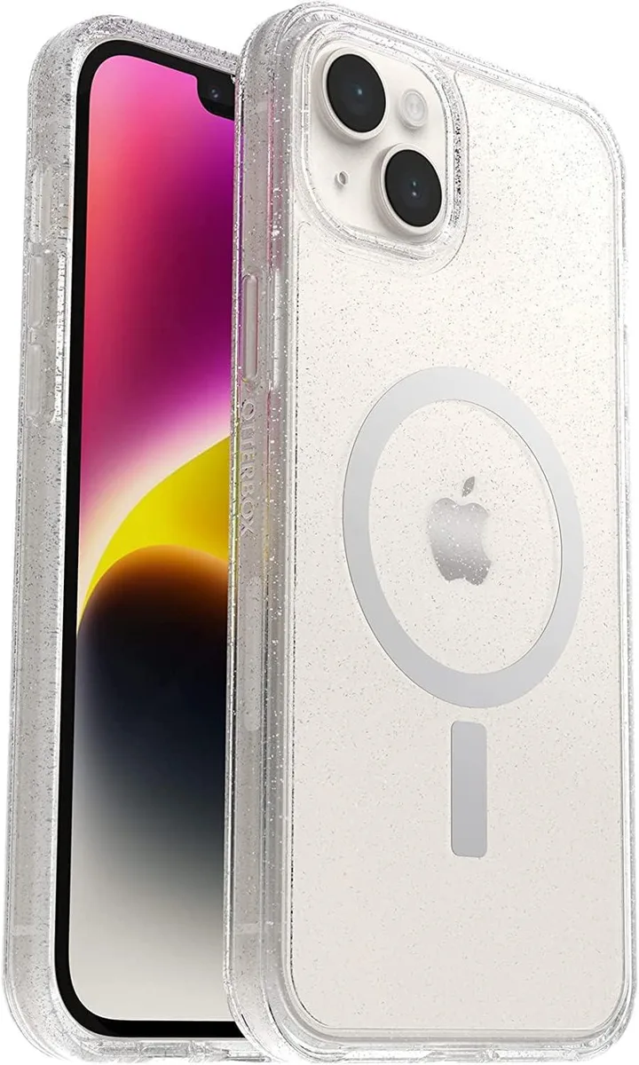 Clear glitter phone case for iPhone 14 and 15 Plus, slim dual-material design