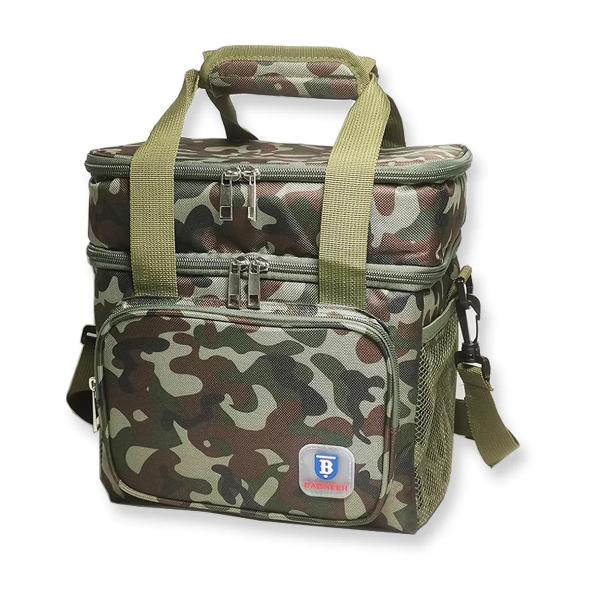 Red double-deck insulated lunch bag, 14L capacity, adjustable shoulder strap
