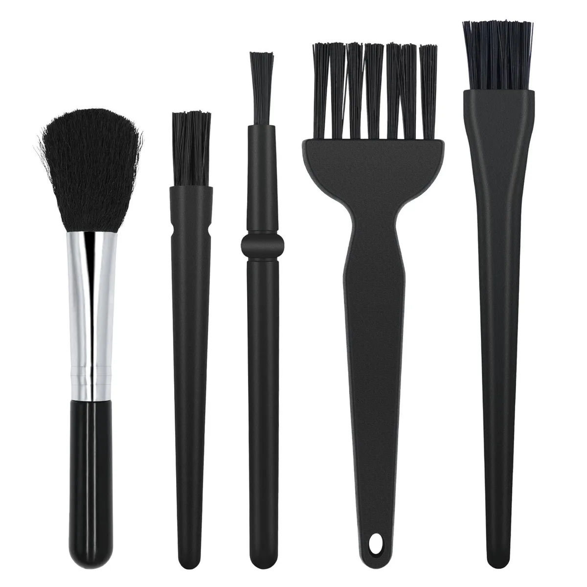 Five anti-static cleaning brushes in a holder, plastic handles, mixed bristle types