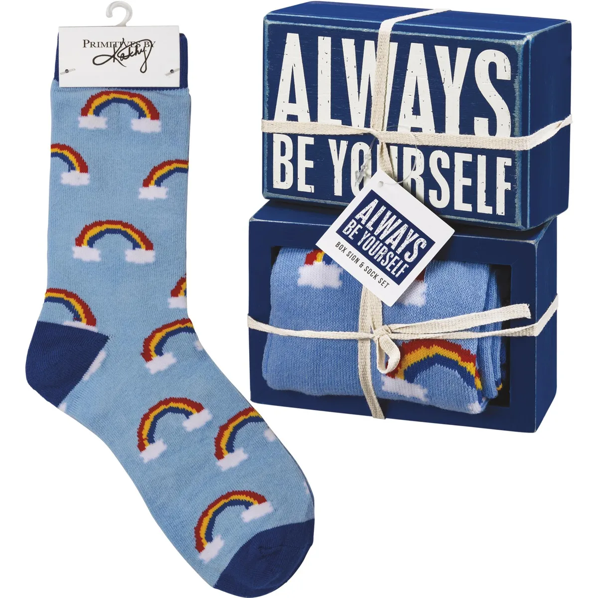 Primitives By Kathy Primitives By Kathy Box Sign &amp; Socks Set Rainbow Always Be Yourself — product photo