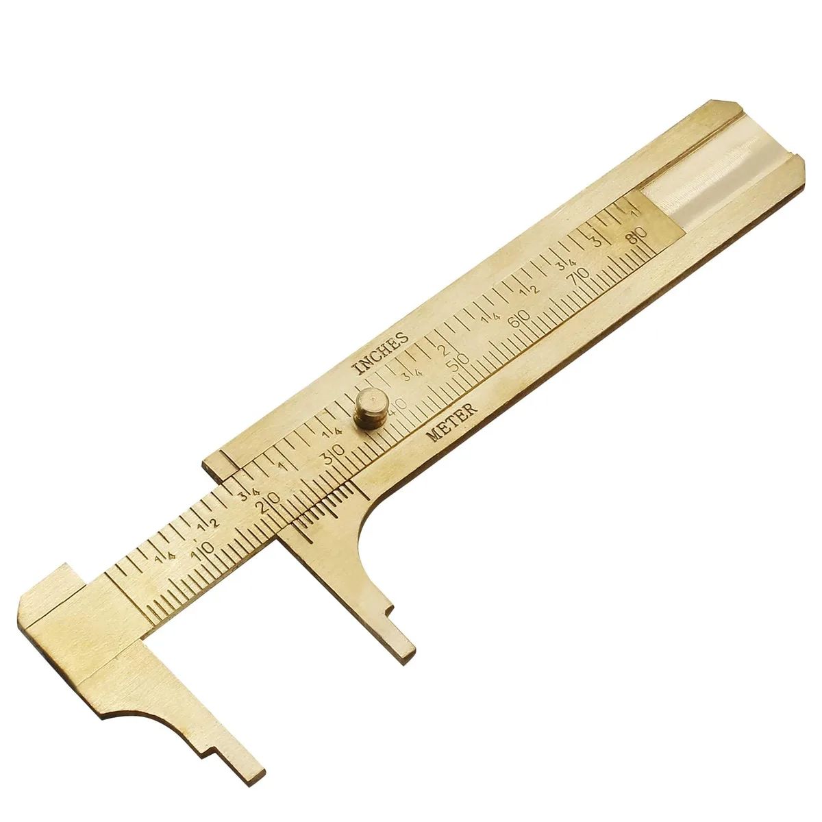 Small brass vernier caliper 80 mm range 2.5 mm thick double scale mm inch pocket size