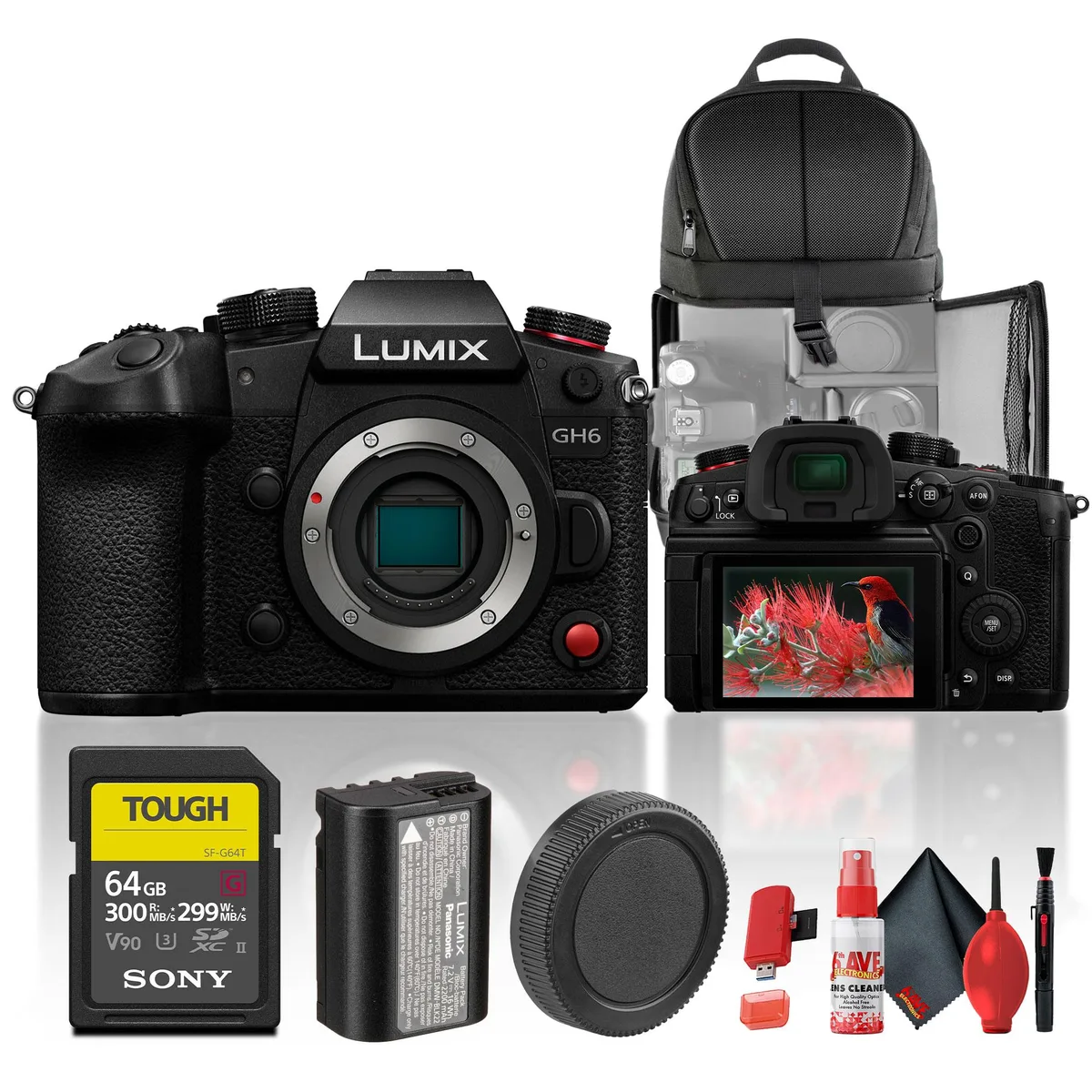 Black Panasonic Lumix GH6 mirrorless camera body with memory card and cleaning kit
