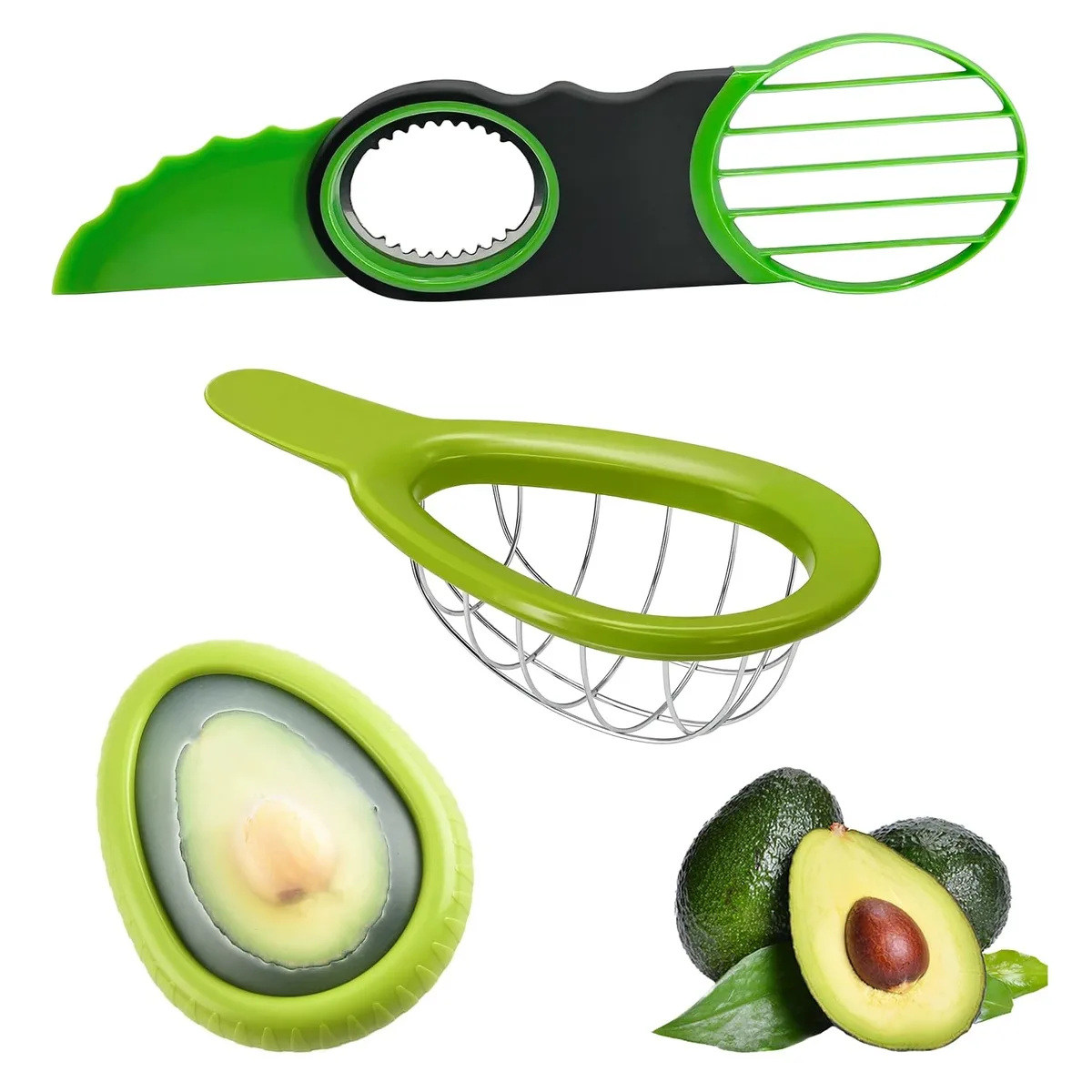Green three-piece avocado tool set with slicer, cutter and storage container