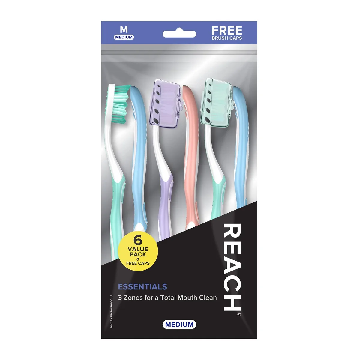 Six medium-bristle toothbrushes with angled necks, tongue scrapers and vented caps