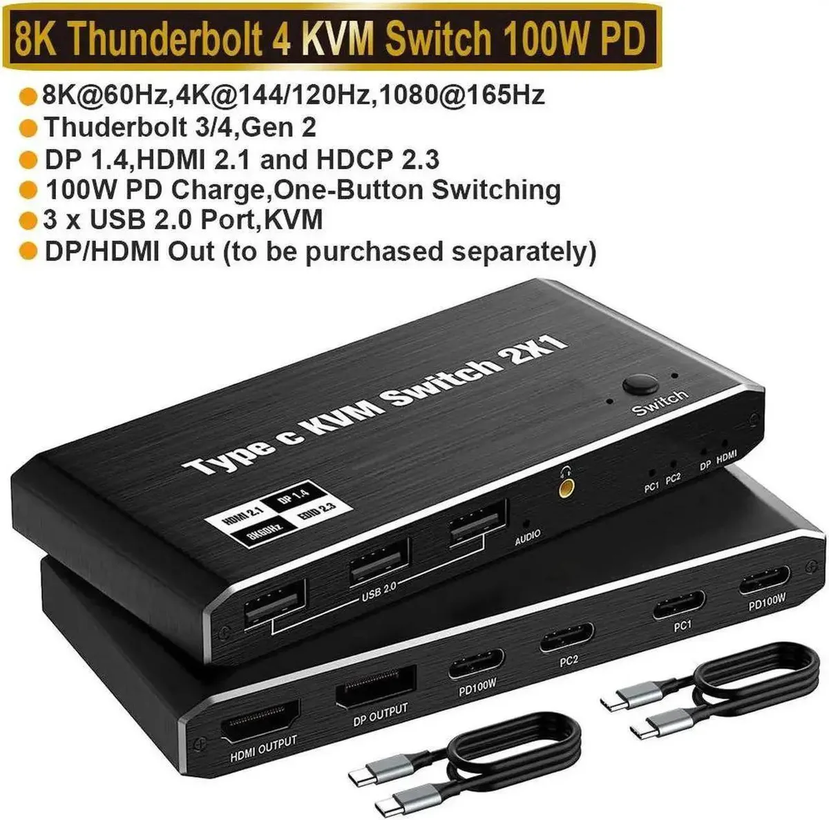 Vszerda Vszerda 2-Port USB-C KVM Switch 8K@60Hz 4K@120Hz 100W PD — product photo