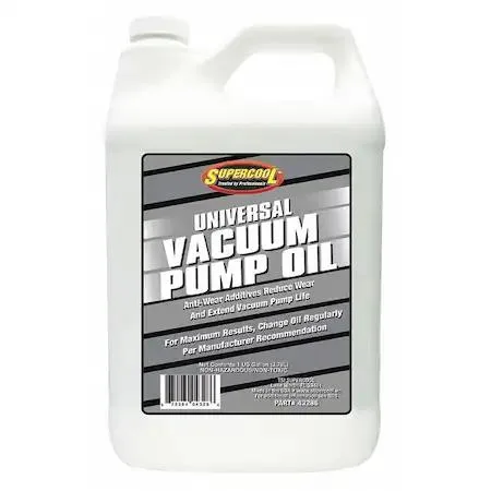 Yellow Supercool 43286 vacuum pump oil in one-gallon bottle