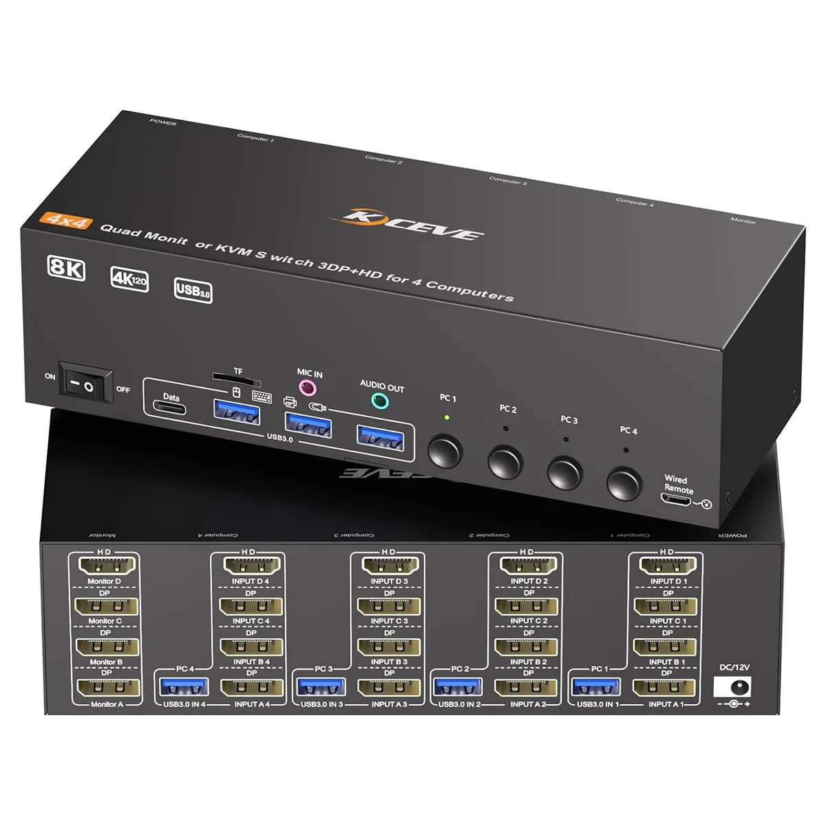 IHDAPP IHDAPP 404DH KVM Switch 4×4 8K30 4K120 HDMI+3DP USB 3.0 Wired Remote — product photo
