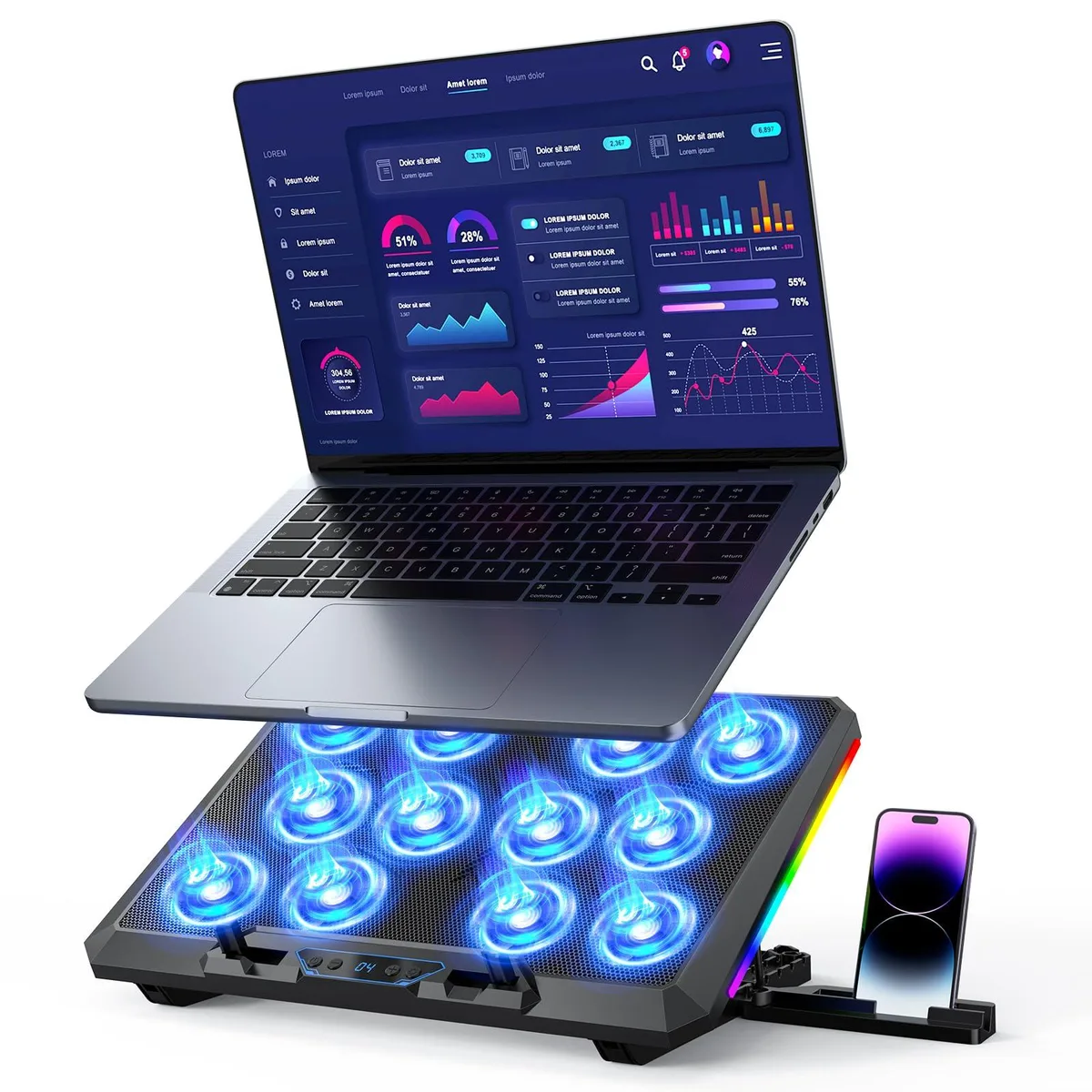 ENHANCE LCD laptop cooling pad 12 fans 17.3 inch RGB 5 height USB phone holder — product photo