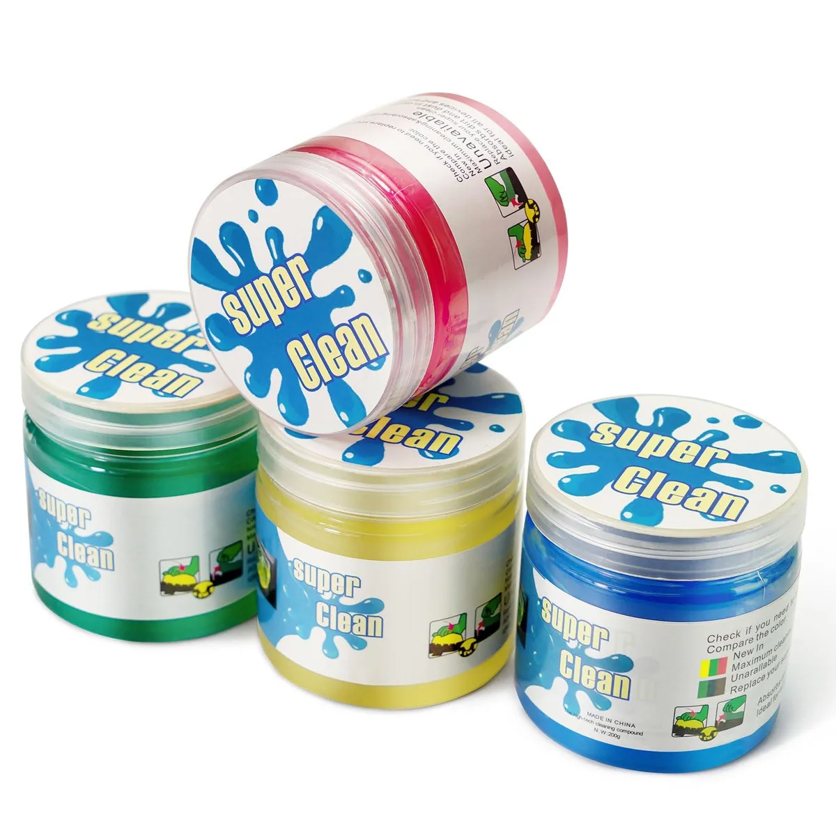 Four jars of coloured cleaning gel in a rectangular box