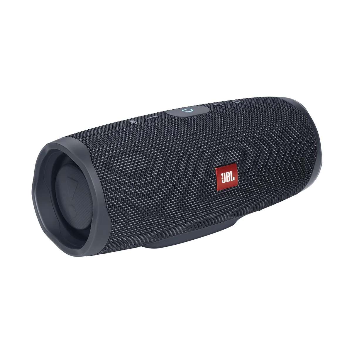 Black cylindrical Bluetooth speaker with fabric wrap and rubber ends