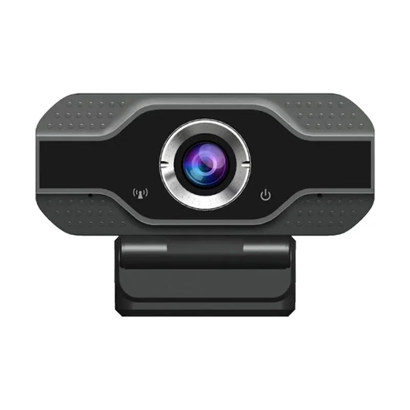 Compact rectangular USB webcam with folding stand, matte black finish, built-in microphone, manual focus ring