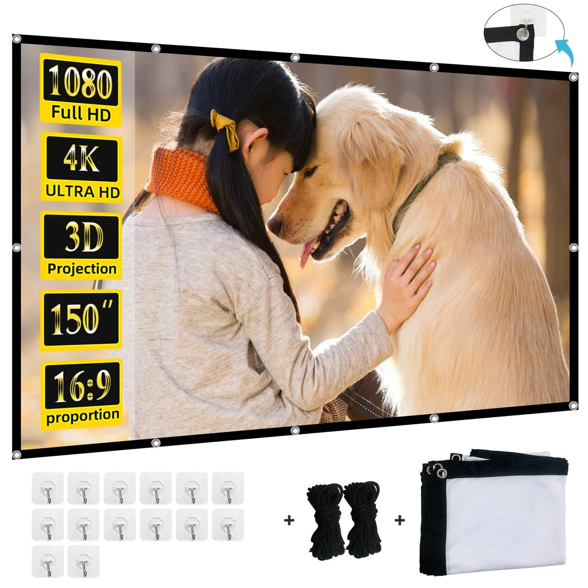 Large white rectangular polyester projection screen, 150-inch diagonal, 16:9 format, lightweight foldable fabric with grommets