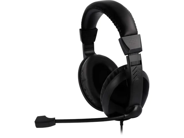 Black over-ear Bluetooth headset with adjustable boom microphone