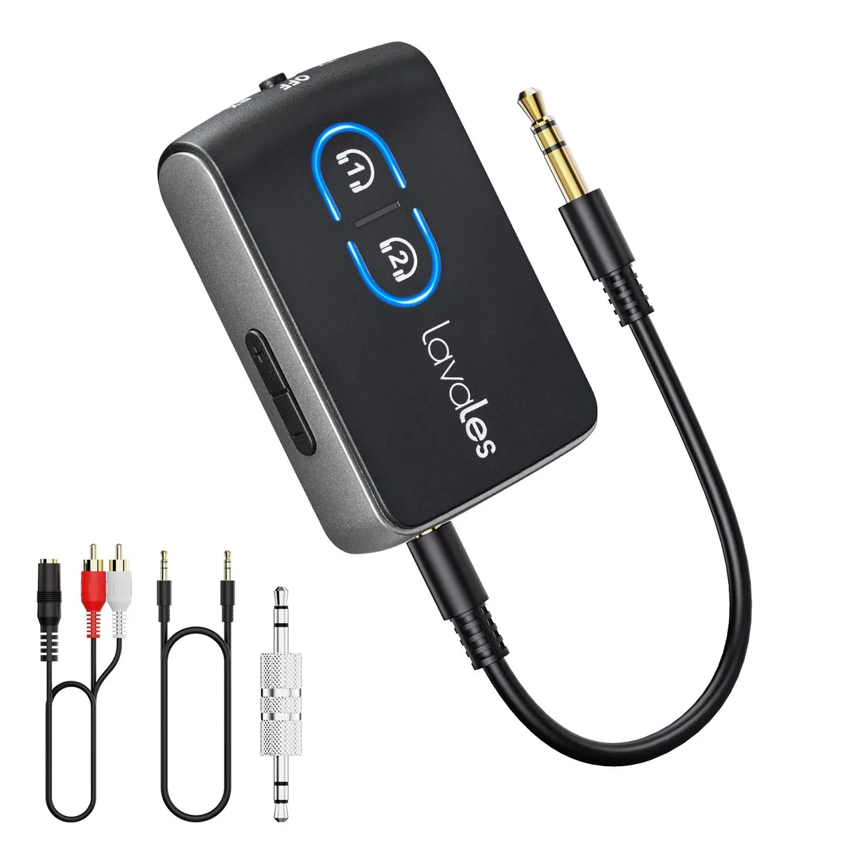 Small black rectangular Bluetooth 5.3 adapter with 3.5mm jack and USB-C port, sliding mode switch and volume buttons