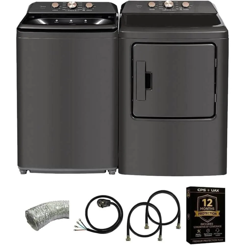 Gray top-load washer and dryer pair with digital controls