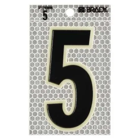 Pack of ten silver vinyl number five labels with black characters and glow-in-the-dark border