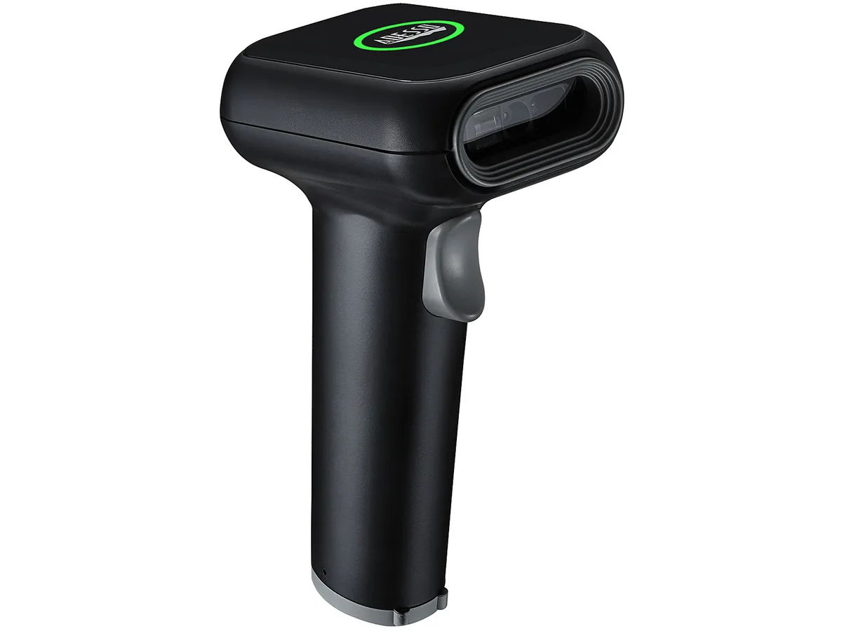 Black handheld 2D barcode scanner with charging cradle