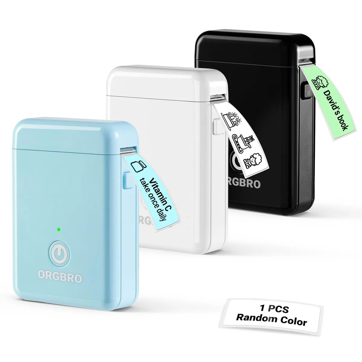 Small rectangular thermal label printer in random blue, black or white finish, with roll of white label tape and Type-C cable