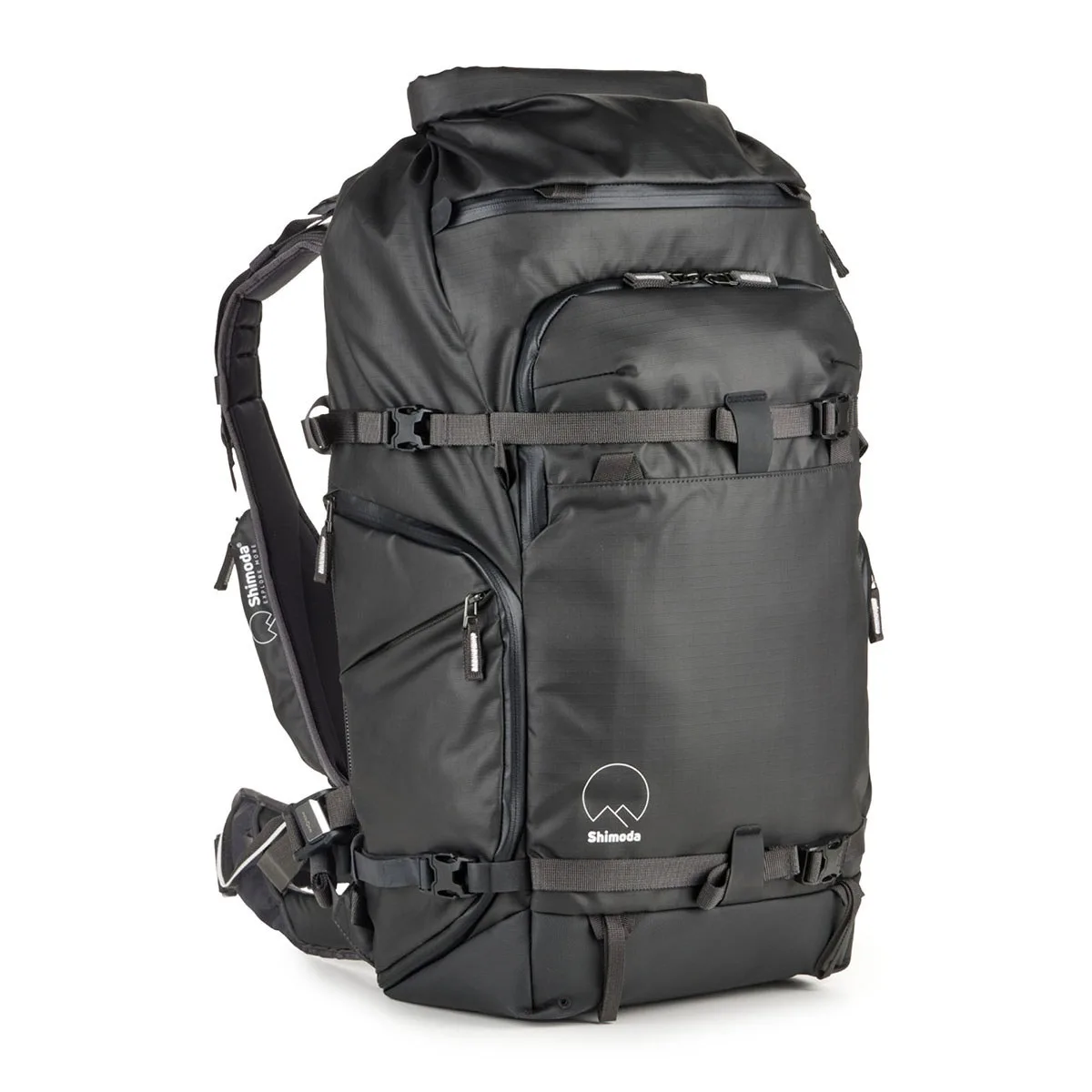 Black 40L camera backpack with roll-top closure and external attachment straps
