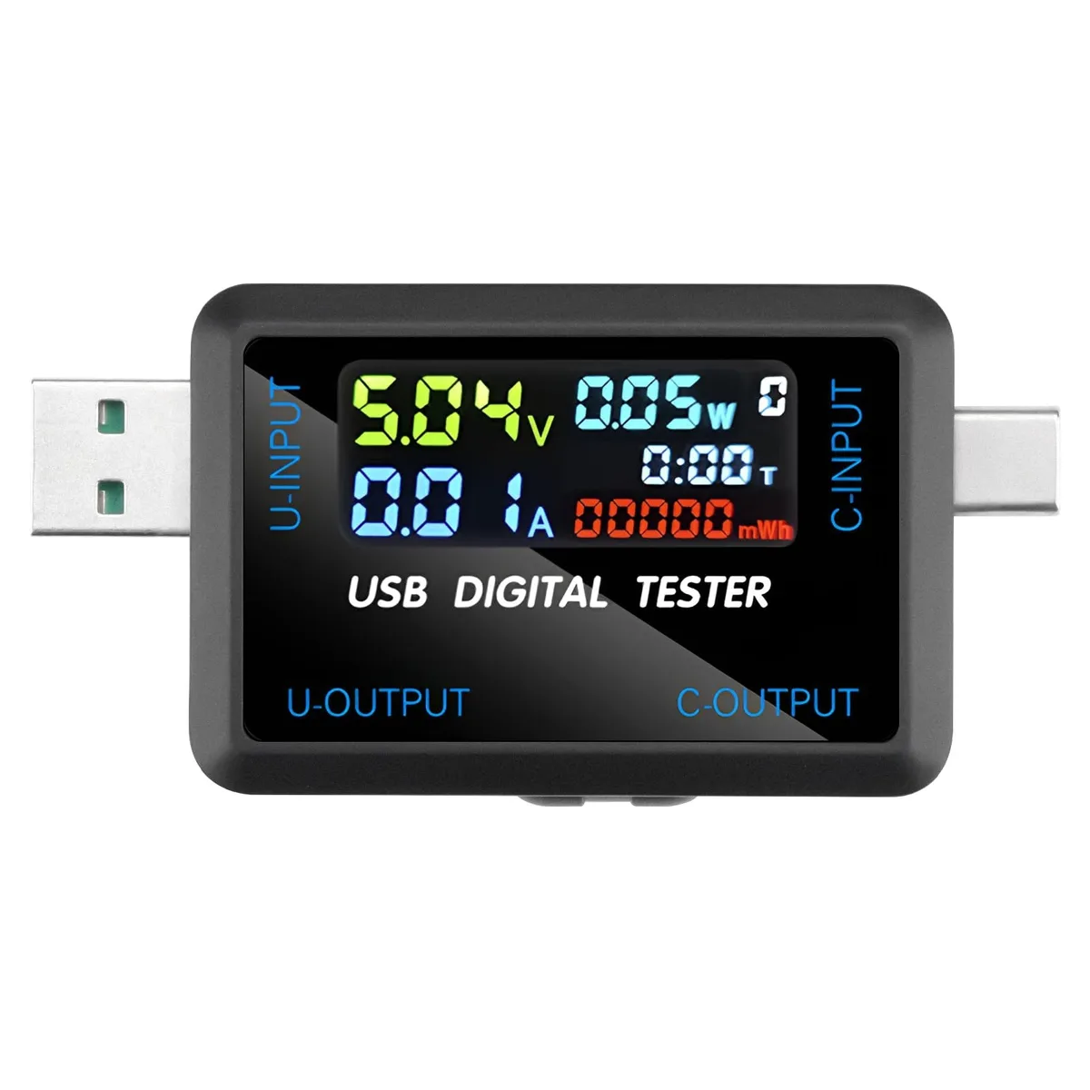 Compact USB-C and USB-A tester with digital screen showing voltage and current