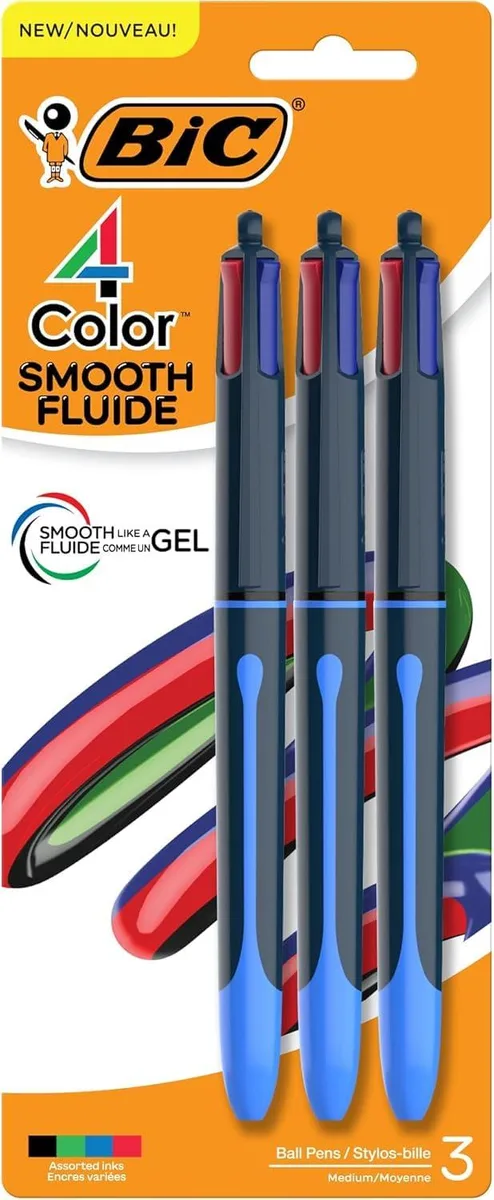 Three retractable multicolour ballpoint pens with blue barrels and comfort grips