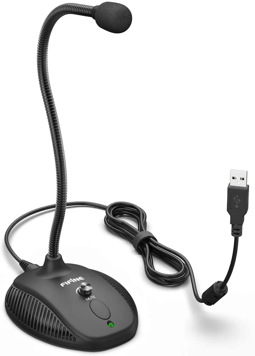 Black USB condenser microphone with flexible gooseneck and mute button