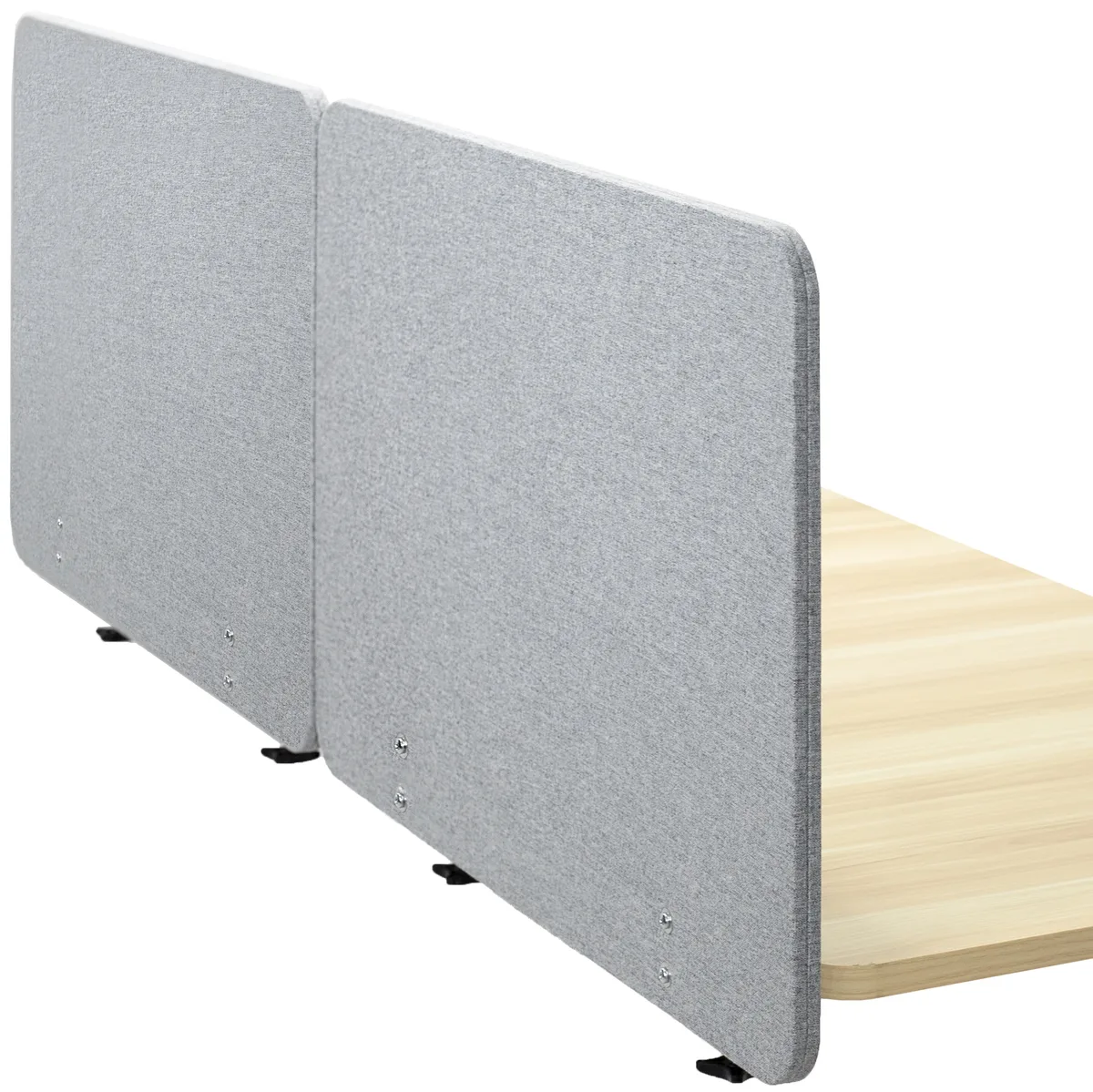 Two gray fabric desk divider panels with metal clamps, each 35.4 inches wide by 23.8 inches high