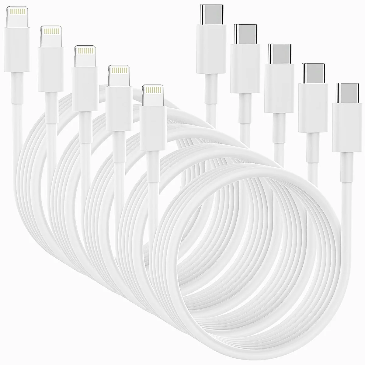 Five white USB-C to Lightning cables coiled together
