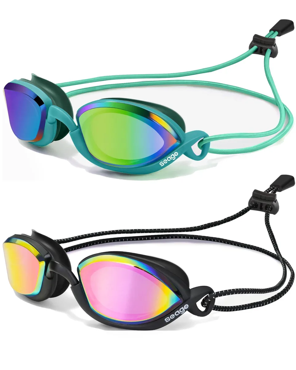 Black swimming goggles with mirrored panoramic lenses and adjustable nose bridge