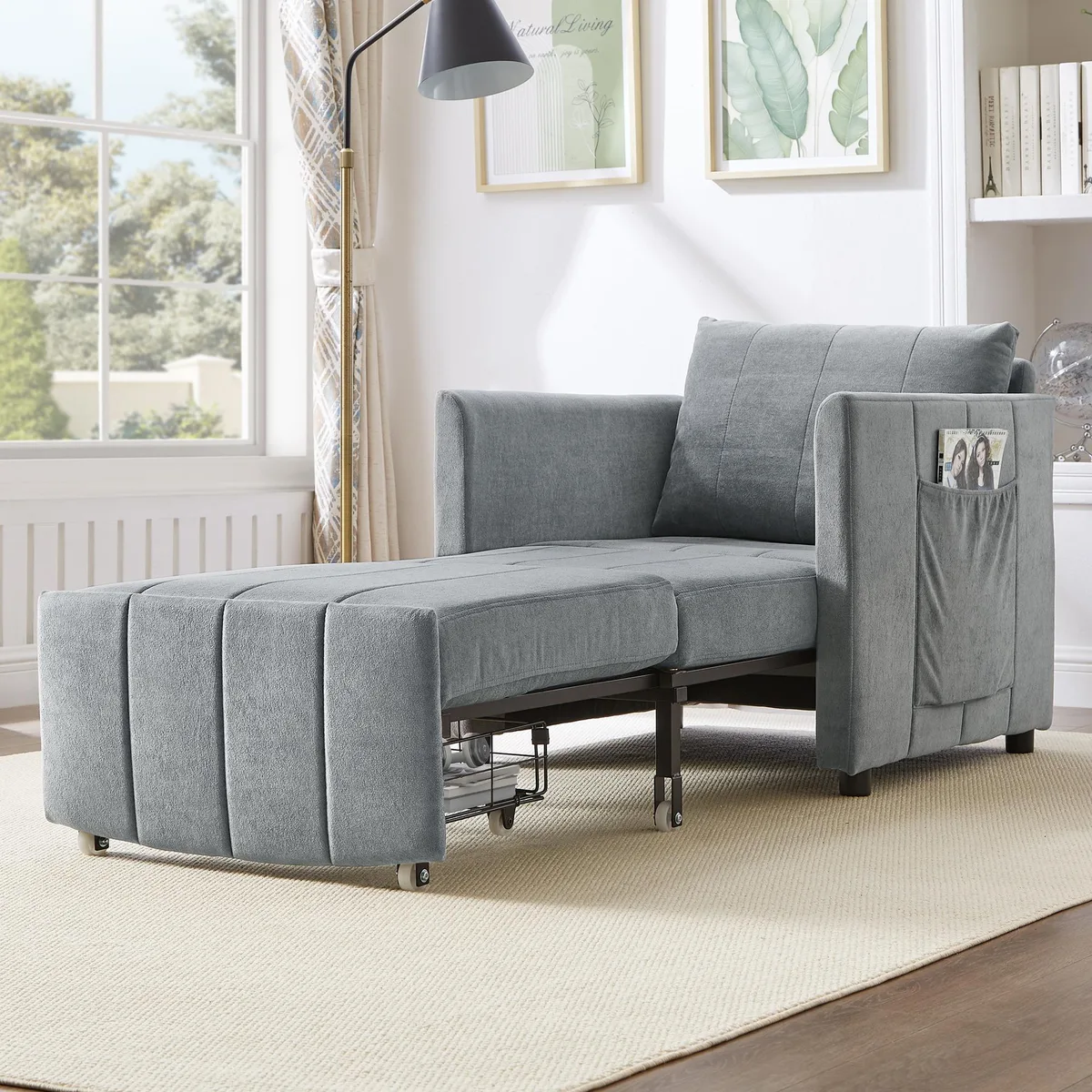 Grey chenille convertible sleeper sofa with adjustable backrest and storage basket