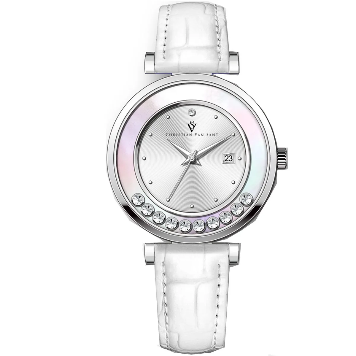 Silver dial watch with stainless steel case and leather strap