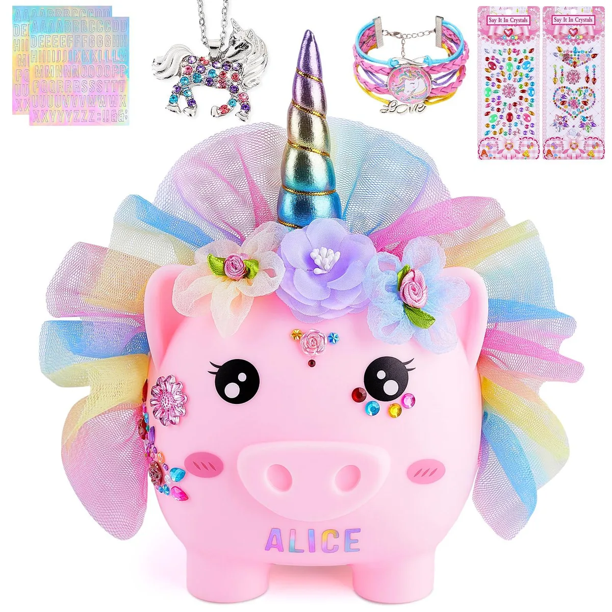  Unicorn Piggy Bank Dress-Up Kit Pink Rainbow Dress M 5.9x5.5x5.5 in — product photo