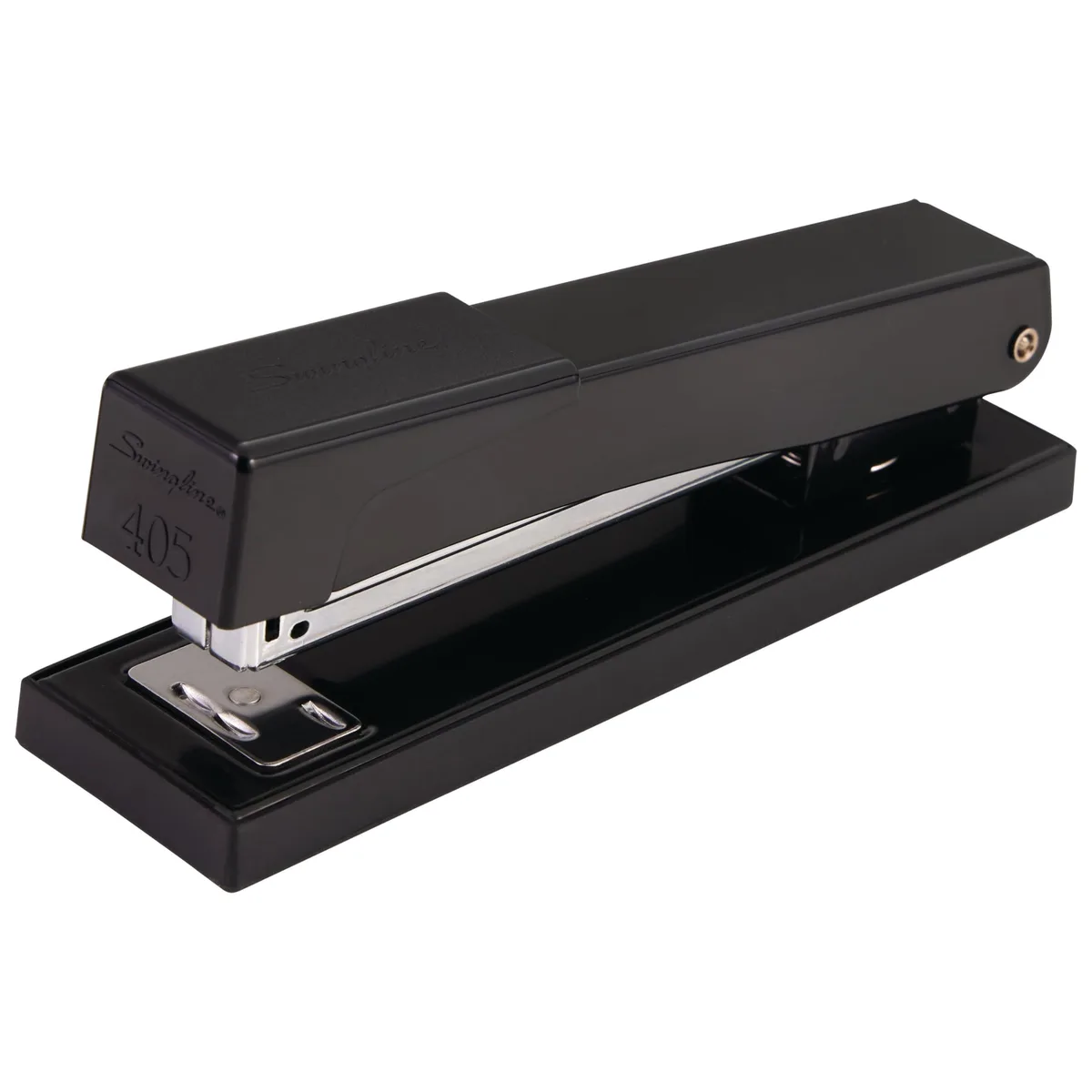 Black metal desktop stapler, manual operation, holds 210 staples