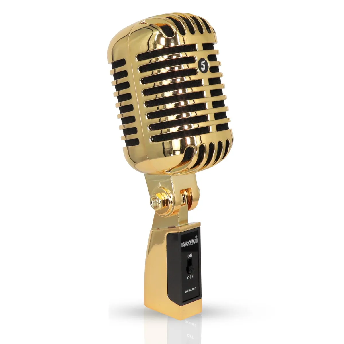 Gold retro-style dynamic microphone with metal grille and built-in pop filter