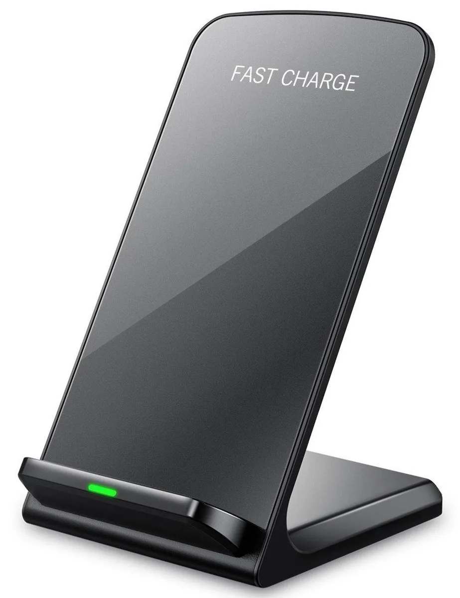 White upright wireless charging stand with angled cradle and LED indicator lights