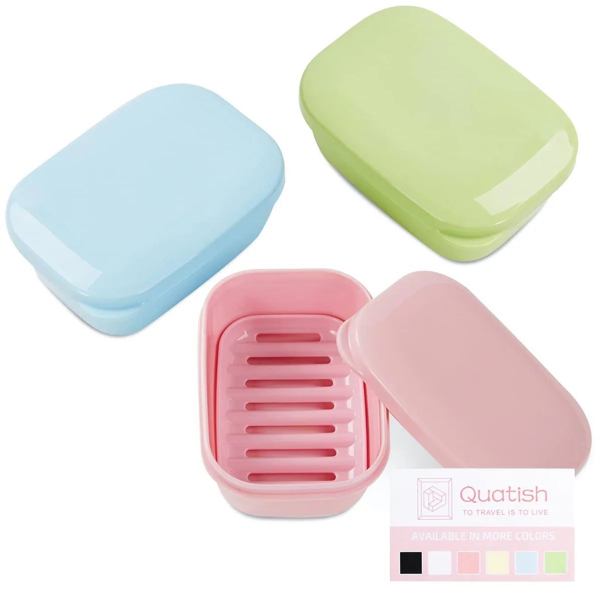 Three rectangular soap cases in assorted colours with snap lids and slotted inner trays