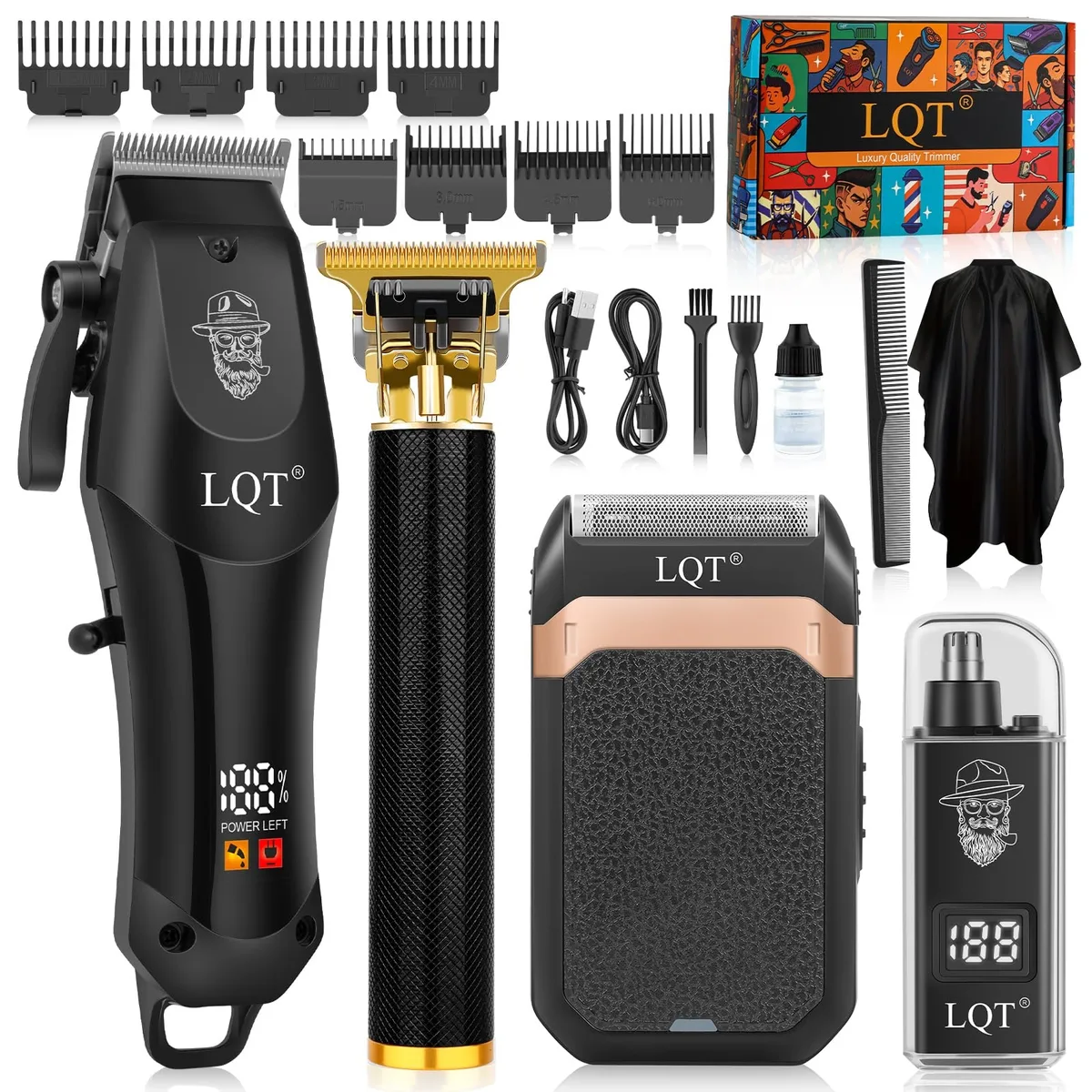 Black cordless grooming kit with four tools and LED display