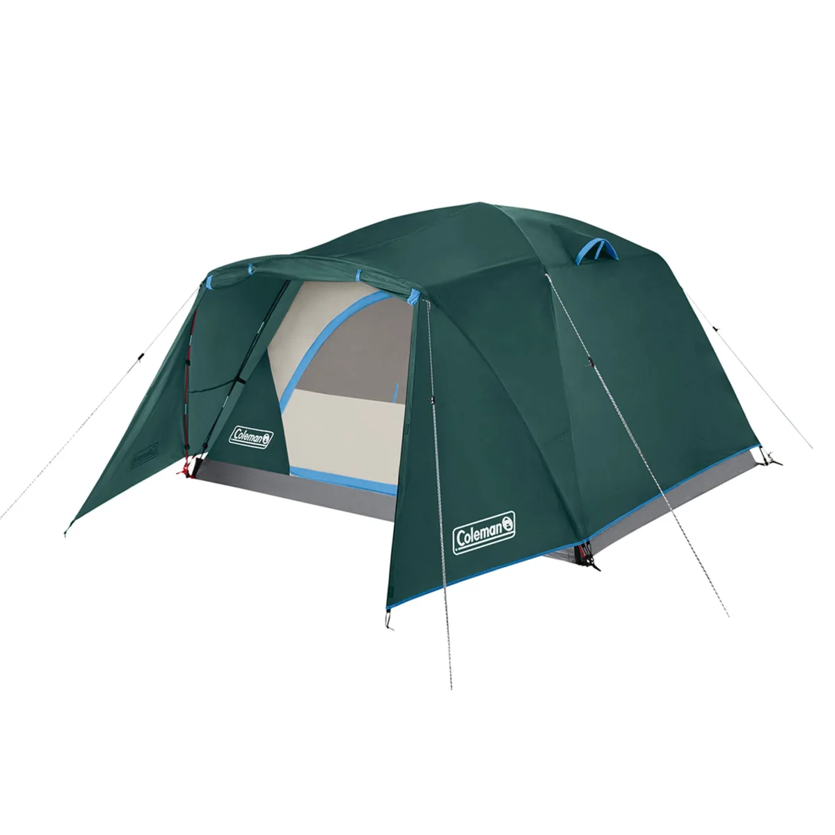 Green dome tent with full rainfly and front vestibule, polyester fabric, pre-attached poles visible