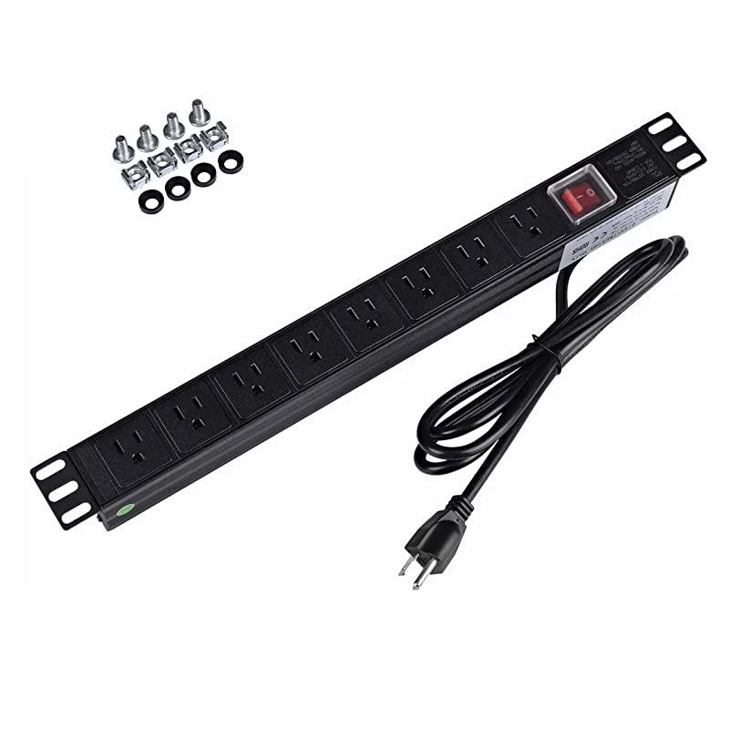 Black metal 19in rackmount power strip with eight right-angle outlets and a 6ft cord