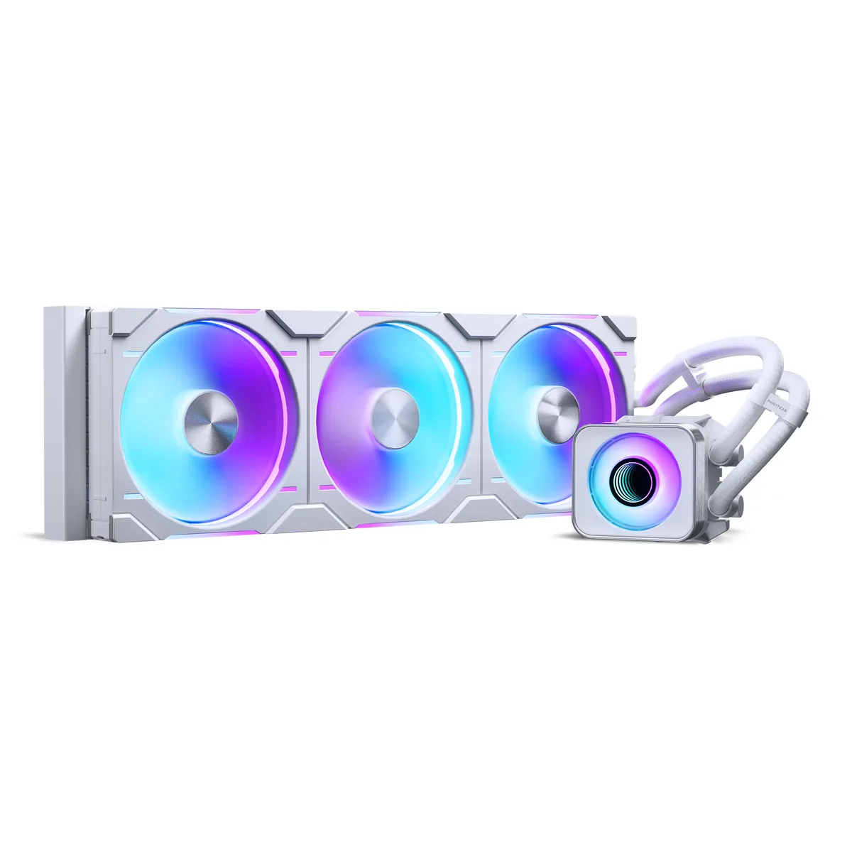White 420 mm AIO radiator with three 140 mm ARGB fans and brushed aluminium pump cover